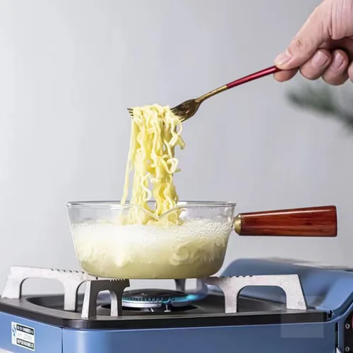 Miniatura 5 de Cacerola de vidrio transparente, resistente al calor, mini olla a fuego lento con mango de madera, juego de utensilios de cocina de vidrio