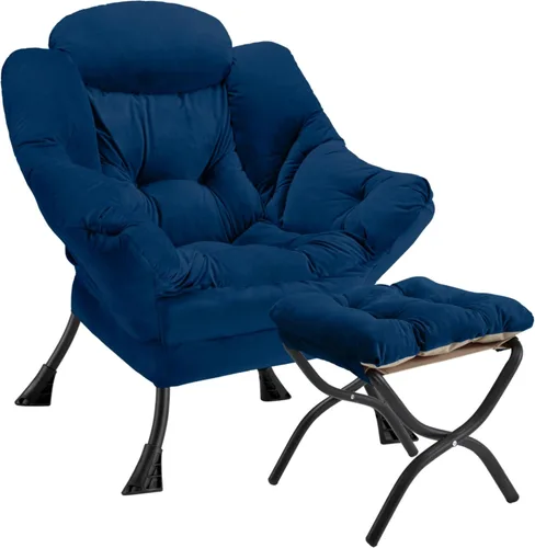 Miniatura 20 de Silla perezosa con otomana plegable, sofá de ocio, sillón de tela suave con reposabrazos y bolsillos laterales, silla de lectura con reposapiés