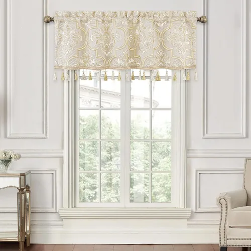 Miniatura 8 de Loom and Mill Cenefas de jacquard de lujo para ventana de sala de estar, elegante cenefa de cortina de damasco beige con ribete de cuentas, cortina