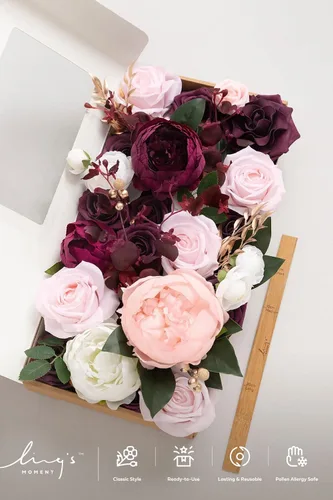 Miniatura 4 de Ling's moment Caja de flores falsas, tallos de vegetación artificiales sintéticos, rosas de espuma, peonías de seda, ranúnculo, flor fábica