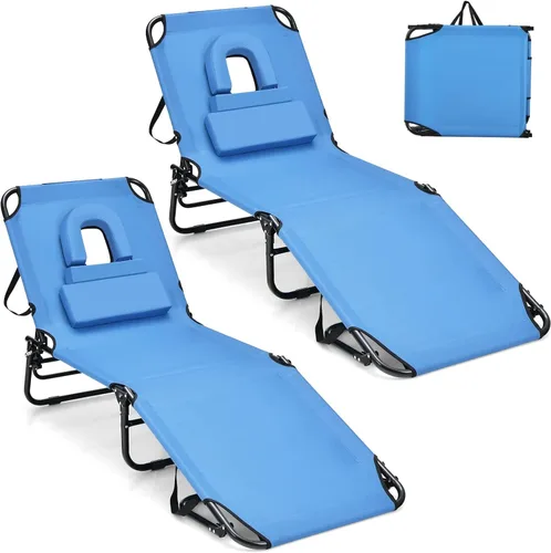 Miniatura 12 de GYMAX Silla de bronceado, silla de playa de 350 libras con agujero para la cara, almohada lavable y correa de transporte, tumbona plegable