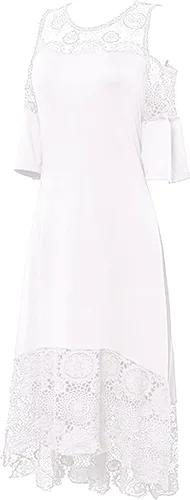 Miniatura 6 de MOBCTG Vestidos negros de talla grande, vestido de moda para mujer, con costuras de encaje con volantes, manga corta, sin tirantes, vestido