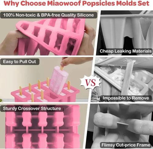 Miniatura 3 de Miaowoof Moldes caseros para paletas, 10 cavidades de silicona sin BPA para hacer paletas heladas, con 50 palitos, 50 bolsas, 10 palitos Rosa