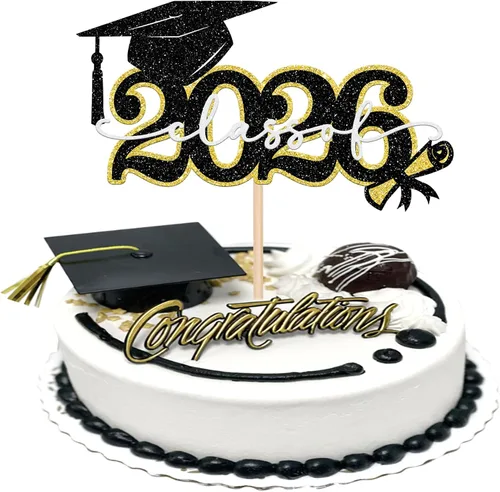 Miniatura 24 de Rsstarxi 1 paquete de decoración de pastel con purpurina para la clase de 2026, decoraciones de graduación 2026, tapa de felicitaciones