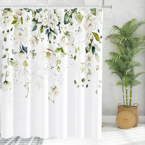 Miniatura 2 de Tititex Blomming - Cortina de ducha floral blanca brillante, hojas verdes acuarela en la parte superior, decoración de baño de planta
