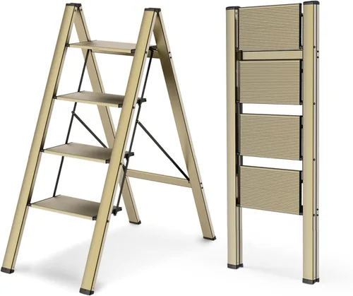 Miniatura 17 de WOA WOA Escalera de 2 escalones, taburete plegable, escalera ligera de aluminio para hogar, cocina y armario, pedales antideslizantes, fácil