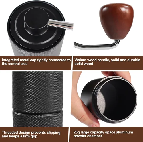 Miniatura 5 de Molinillo de café manual, caja de regalo, rebaba cónica desmontable de acero inoxidable, molinillo de granos de café de aluminio con 25 ajustes