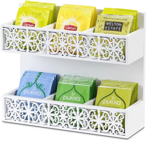 Organizador de bolsas de té de madera de 2 niveles, soporte para bolsas de té montadas en la pared, organizador de bolsas de té, cofres de té
