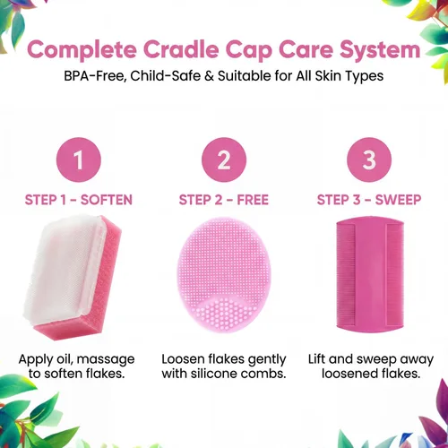 Miniatura 2 de Cepillo para cuna para bebés, tratamiento de la tapa de la cuna, esponja de bebé para baño, juego de cepillo y peine para bebé recién nacido, peine