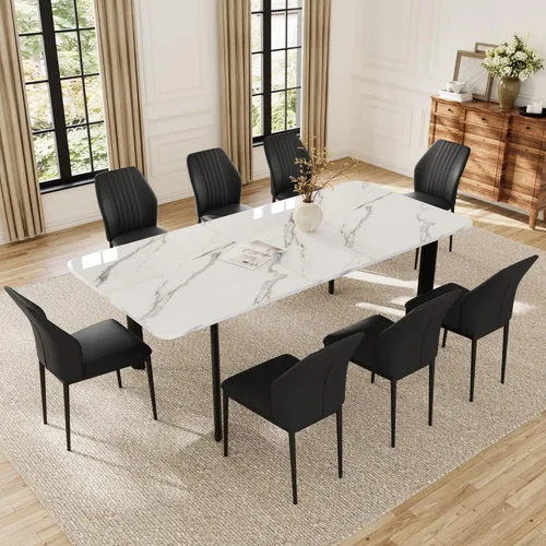 Miniatura 14 de HIPIHOM Mesa de comedor extensible para 6-8 personas, mesa rectangular de 63 a 78.7 pulgadas, MDF blanco con patas de metal resistentes, ahorro