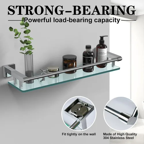 Miniatura 4 de Estantes de vidrio para baño, estante rectangular de acero inoxidable cromado de 20 pulgadas, estante de vidrio templado para montaje en pared
