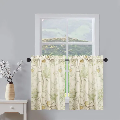 Leeva Cortinas rústicas de cocina con estampado floral verde mezclado de lino para media ventana, para comedor, bolsillo para barra, cafetería,
