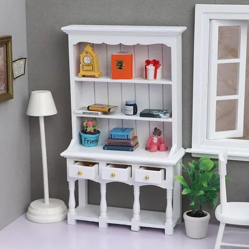 Miniatura 4 de AirAds Muebles para casa de muñecas a escala 1:12, gabinete de exhibición de madera en miniatura, mueble blanco (juego de 2) (gabinete de 2 cajones)