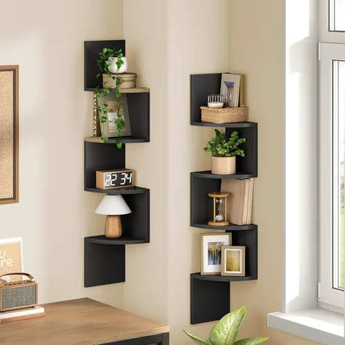 Miniatura 4 de HOOBRO Estante esquinero montado en la pared, juego de 2 estantes de esquina flotantes para pared, estantes esquineros de 4 niveles para sala