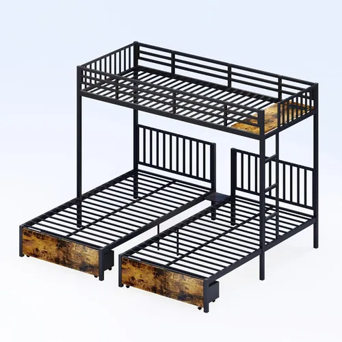 Miniatura 7 de Litera triple tamaño individual, se separa en 3 camas individuales, literas de metal resistente con cajones de almacenamiento, barandilla