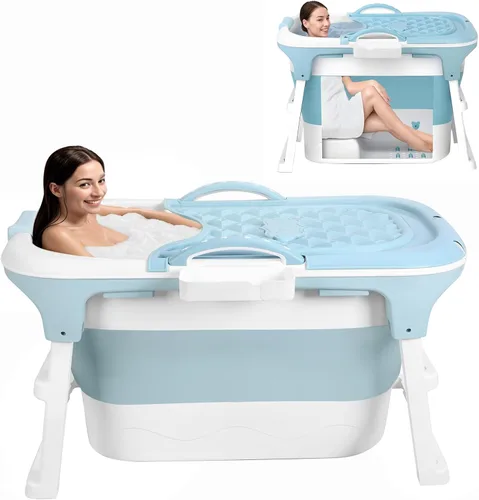 Bañera portátil plegable para adultos, bañera pequeña de 39 pulgadas con asiento ergonómico y rodillo de masaje, bañera de hielo para ducha, baño