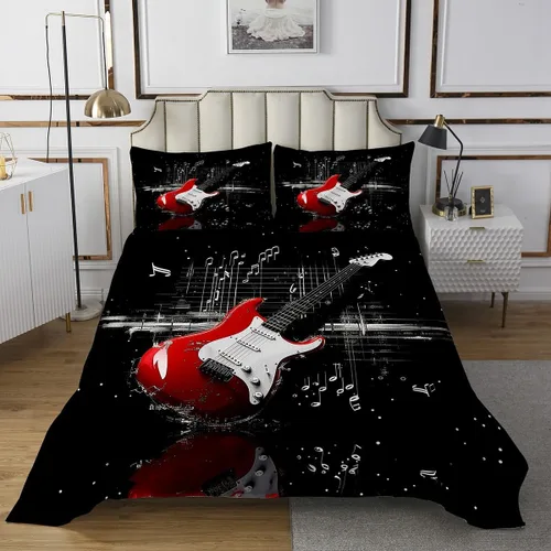 Miniatura 6 de Homewish Colcha de guitarra roja tamaño individual, juego de ropa de cama de música Hip Pop para decoración de habitación de niños y niñas, juego