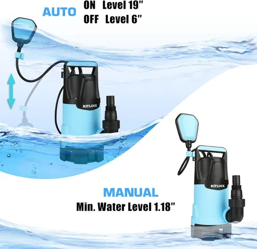 Miniatura 5 de KITLUCK Bomba de agua sumergible, bomba de sumidero de alto flujo de 1-1/4 HP 4500 GPH con interruptor de flotador, cable de alimentación de 23