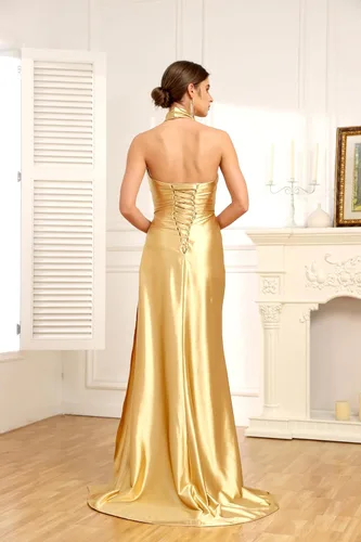 Miniatura 6 de Mkojaa Vestidos de dama de honor con cuello halter, vestidos de noche largos fruncidos y divididos