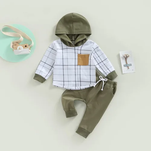 Miniatura 44 de Ropa de bebé niño 3 6 9 12 18 24M 3T Conjunto de pantalones con capucha patchwork sudadera con capucha pantalones de rayas traje de otoño invierno