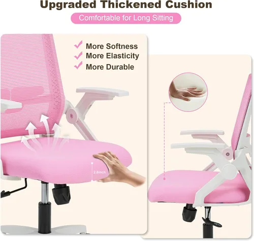 Miniatura 4 de Silla ergonómica de oficina con altura ajustable de malla, silla giratoria con brazos abatibles y soporte lumbar, color rosa