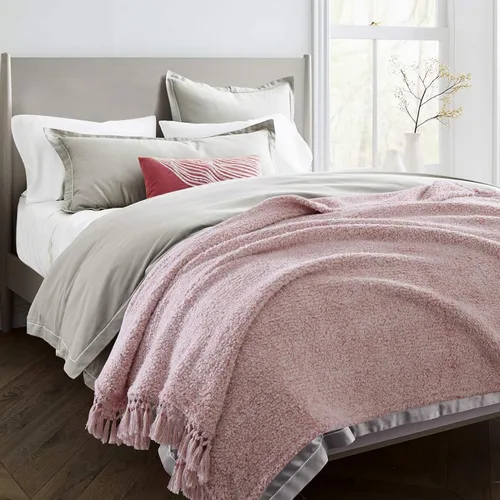 Miniatura 6 de Manta sherpa ultra suave y acogedora, manta decorativa ligera y cálida con borla, 2 tonos degradado rosa polvoriento, manta reversible