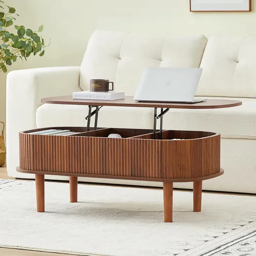 Miniatura 15 de Mesa de centro con parte superior acanalada totalmente montada con compartimento oculto, mesa central de madera, moderna mesa de elevación ovalada