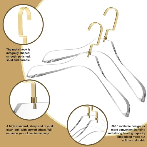 Miniatura 2 de Perchas de acrílico transparente de calidad resistente para abrigos, paquete de 2, colgador de ropa curvado elegante con anchos ganchos dorados
