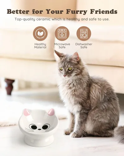 Miniatura 2 de 2 piezas de tazón de comida para gatos elevado de cerámica, tazones de comida inclinados 15°, protegen la columna vertebral del gato, antivómito