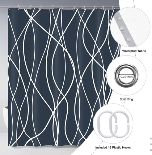 Miniatura 5 de Juego de cortinas de ducha azul egeo para baño con ganchos, cortinas de baño decorativas repelentes al agua y lavables con rayas blancas, 72 x 72