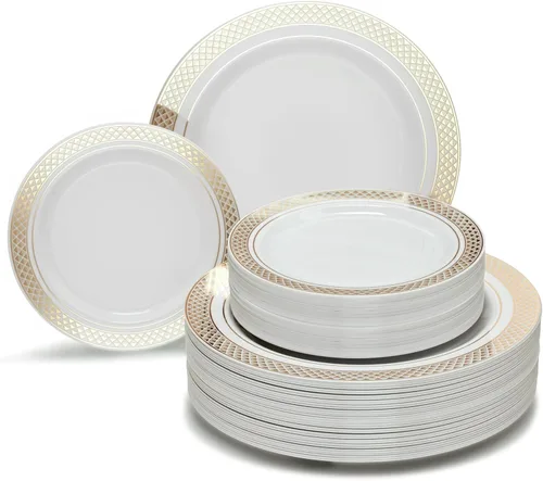 Miniatura 15 de OccasionS - Paquete de 100 platos (50 invitados) Juego de platos de plástico desechables de alta calidad para fiesta de boda, cena de 50 x 10.5