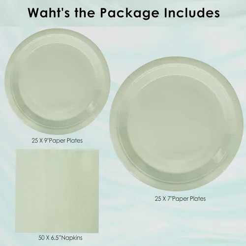 Miniatura 6 de Platos de papel verde salvia, 100 unidades, 50 platos de postre de papel verde salvia + 50 servilletas, platos desechables para fiesta de cumpleaños