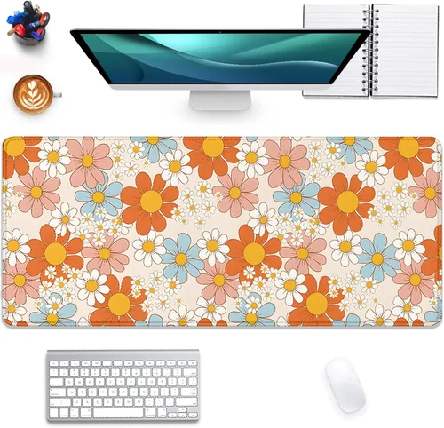 Alfombrilla de mouse vintage floral con margaritas, alfombrilla de mouse retro con flores, alfombrilla de mouse extendida para juegos, bordes