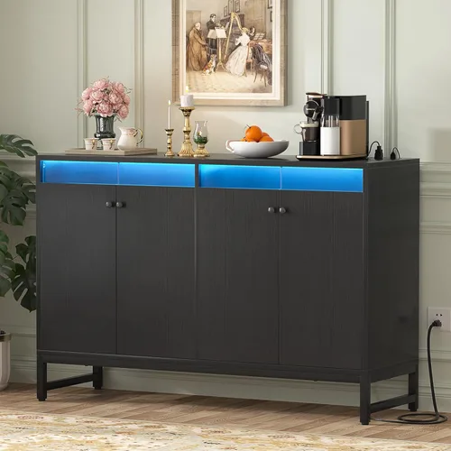 Aheaplus Aparador de buffet con toma de corriente, armario de almacenamiento de cocina con luz LED y puertas, armarios de acento con almacenamiento