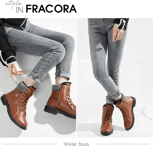 Miniatura 6 de FRACORA Botas de combate de piel sintética para mujer, con forro de piel cálida, botines negros con cremallera lateral, botas blancas