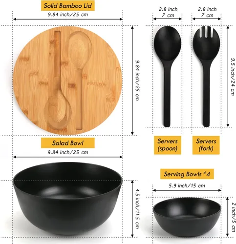 Miniatura 3 de ShineMe Ensaladeras, ensaladera grande con tapa y servidores, juego de ensaladas de bambú con 4 cuencos pequeños para servir, cuenco de cocina Negro