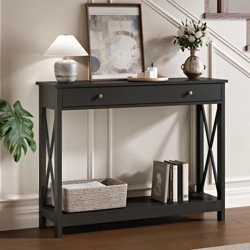 Miniatura 13 de Mesa de consola Treocho Espresso con cajón y estantes de almacenamiento, mesa de sofá estrecha para entrada, sala de estar, pasillo