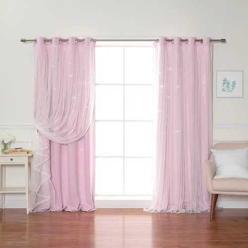 Miniatura 24 de Best Home Fashion Par de cortinas opacas con revestimiento de tul y corte láser, paneles de ventana con ojales plateados para dormitorio, habitación