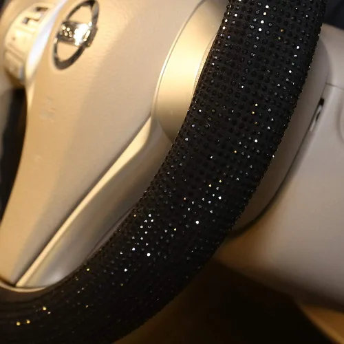 Miniatura 7 de Funda para volante de coche con brillantes Carwales para mujeres y niñas, accesorios de coche negros con cristal de diamante de 15 pulgadas