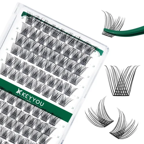 Miniatura 82 de KEYYOU Racimos de pestañas, 96 piezas de extensiones de pestañas DIY, rizado D de 16 mm, negro, realista, no irritante, fácil de colocar en casa