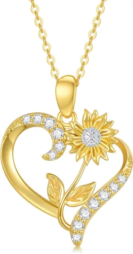 Miniatura 8 de Collar de flor de nacimiento de oro real de 14 quilates para mujer, oro amarillo creado moissanita con colgante de corazón, collares