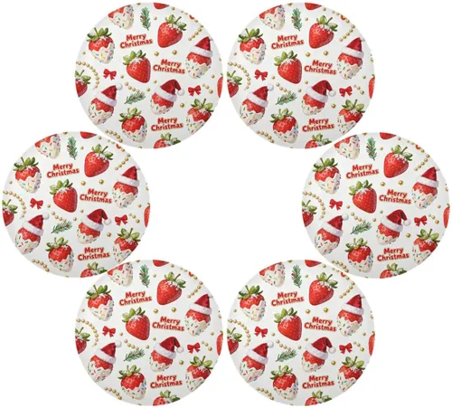 Merry Christmas Red Strawberry Round Place mat Christmas Reversible Quilted placemat individuales para mesa de comedor Rose Gold 15.4x15.4in Set of 6