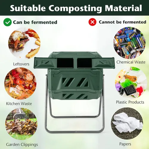 Miniatura 8 de Goplus Contenedor de compostaje de doble cámara para exteriores de 42 galones con 2 puertas corredizas, marco de metal resistente, compostador