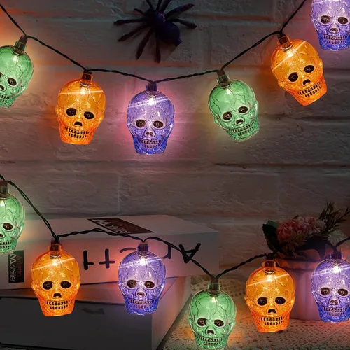 Miniatura 12 de Luces LED de calabaza de Halloween para exteriores, 8.5 pies, luces decorativas de Halloween con 10 luces LED transparentes de calabaza naranja