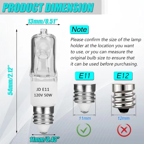 Miniatura 2 de JDE11 - Bombilla E11 de 120 V, 50 W, E11, mini base de candelabro T4 E11, bombilla halógena regulable blanca cálida de 2700 K para ventilador