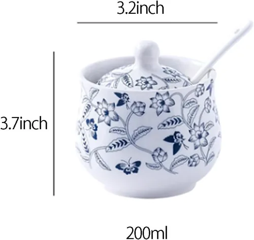 Miniatura 2 de Azucarero de cerámica Tarro de flores azules y blancas Tarro de almacenamiento de sal y pimienta con tapa y cuchara