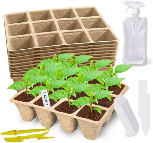 Bandeja de inicio de semillas de 120 celdas, paquete de 10 macetas de turba biodegradables con 100 etiquetas, kit de inicio de plantas para plántulas