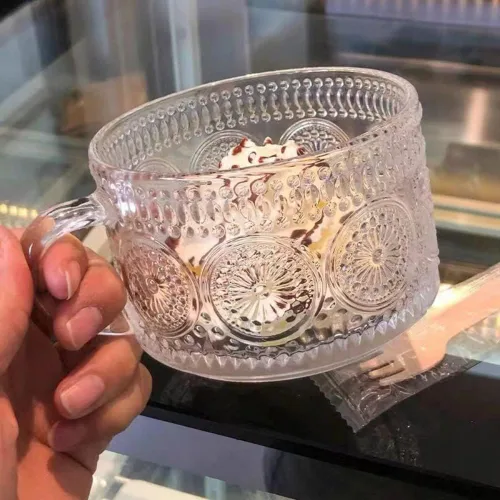 Miniatura 4 de Amzcku Tazas de té de café vintage, tazas de vidrio de 14 onzas, juego de 2 vasos en relieve con asa, para capuchino, café con leche, cereales