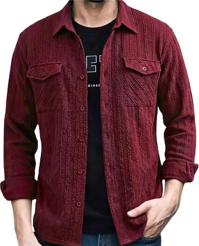 Miniatura 9 de Camisas con botones para hombre, casual, de manga larga, con cuello jacquard, texturizada, ligera, sobrecamisa, sobrecamisa