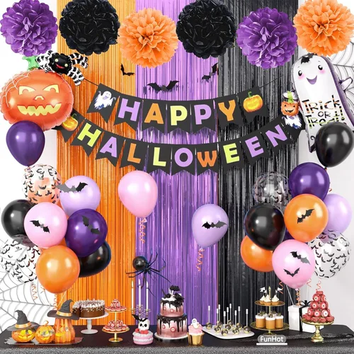 Juego de decoraciones de fiesta morado, negro y naranja, kit de decoraciones de Halloween que incluye pancarta HAPPY HALLOWEEN, globos de papel